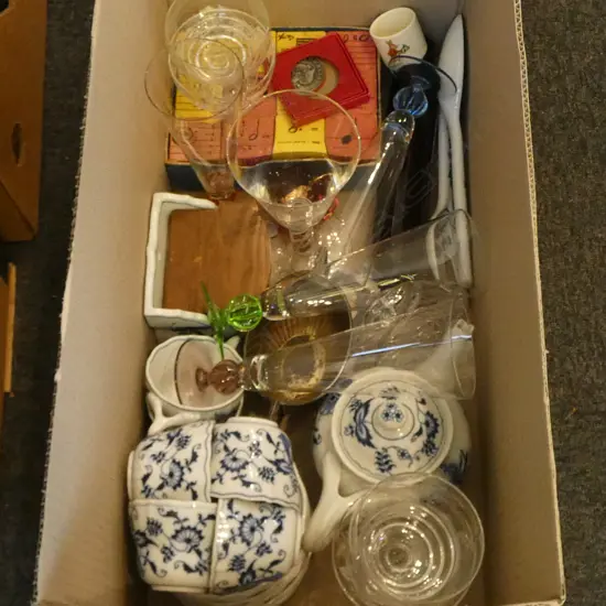 BLUE DANUBE TEA SET, GLASS ROLLING PIN, MUSIC PUZZLE BLOCKS ETC