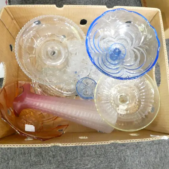 BOX OF GLASS COMPORTS JELLY MOULD GLASSES ETC