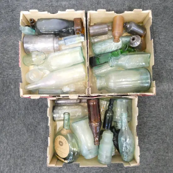 3 BOXES OLD BOTTLES; COKE ETC