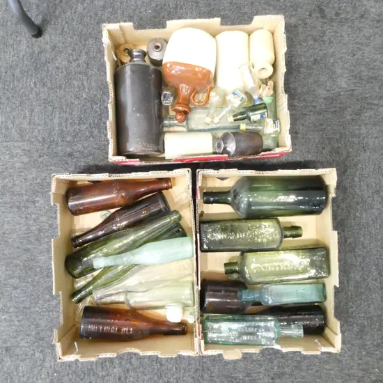 3 BOXES OLD BOTTLES; COKE ETC