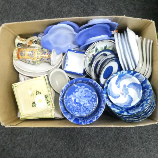 ASST. ORIENTAL CHINA & POTTERY PLATES/DISHES, 3 MINIATURE VASES, etc