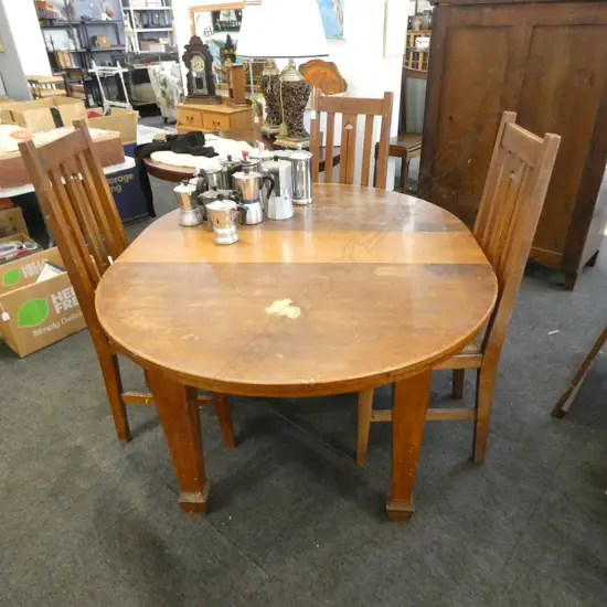 DINING TABLE + 3 ARTS & CRAFTS DINING CHAIRS, CANED SEATS