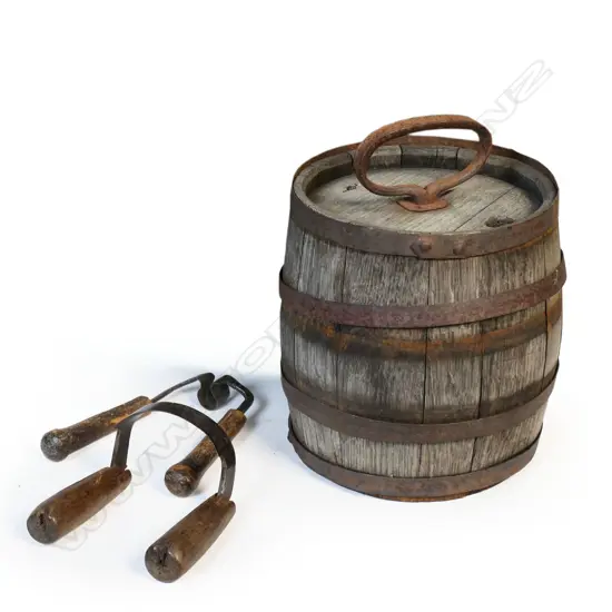 Two small coopers barrel  draw knives and mini barrel.