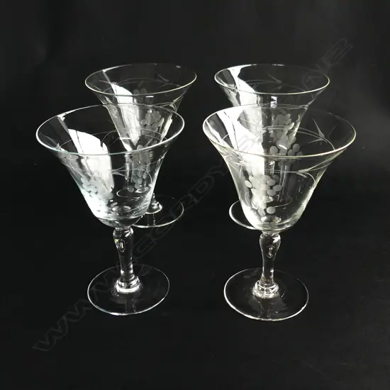Four etched wine sherry port glasses with flower and grapevine design,