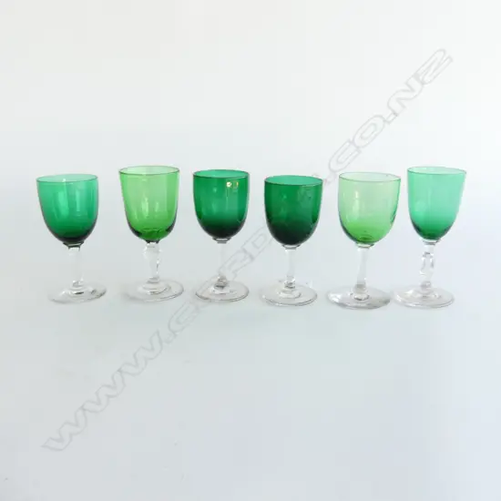 Six small green tones wine glasses,