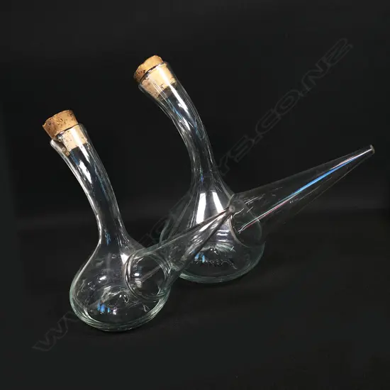 Two vintage hand-blown glass Porron wine pitcher decanters,