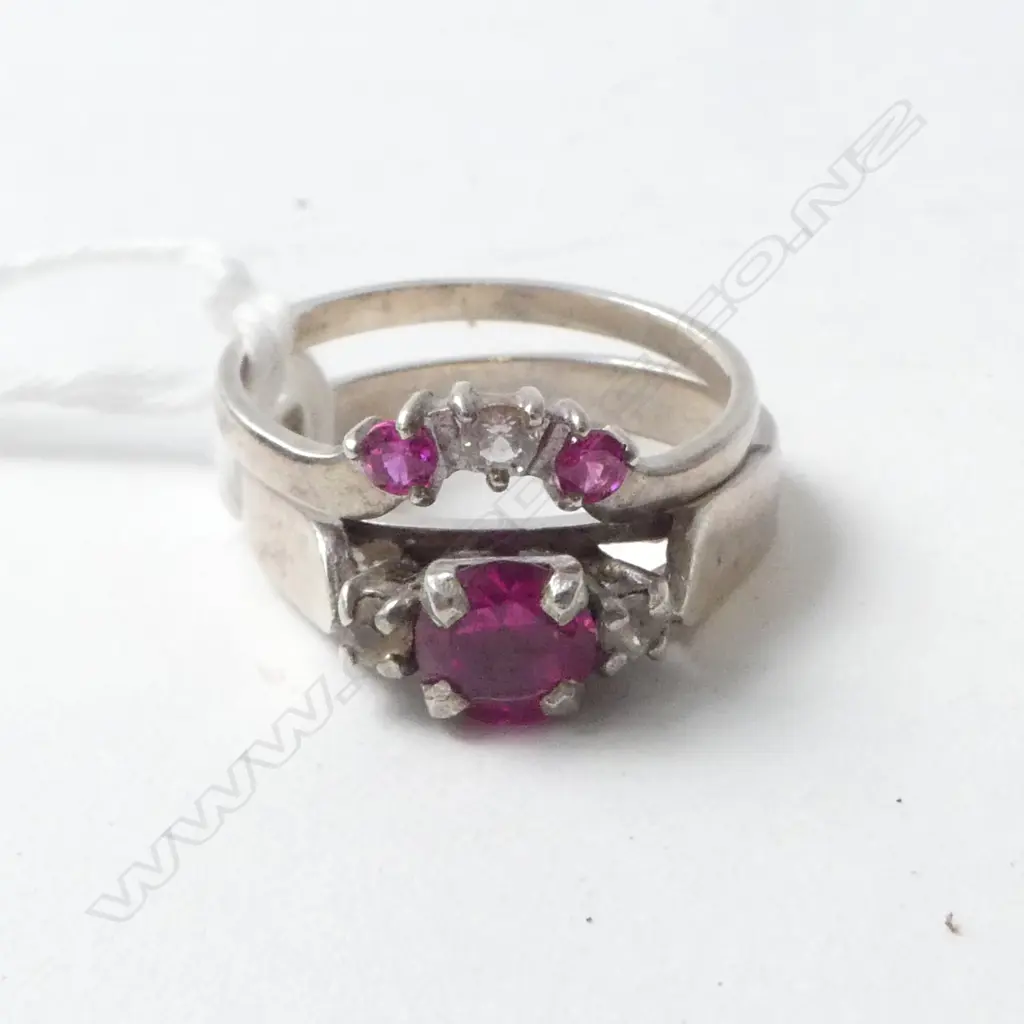 2 STG SILVER RINGS with pink/white stones SIZE N Image 1++