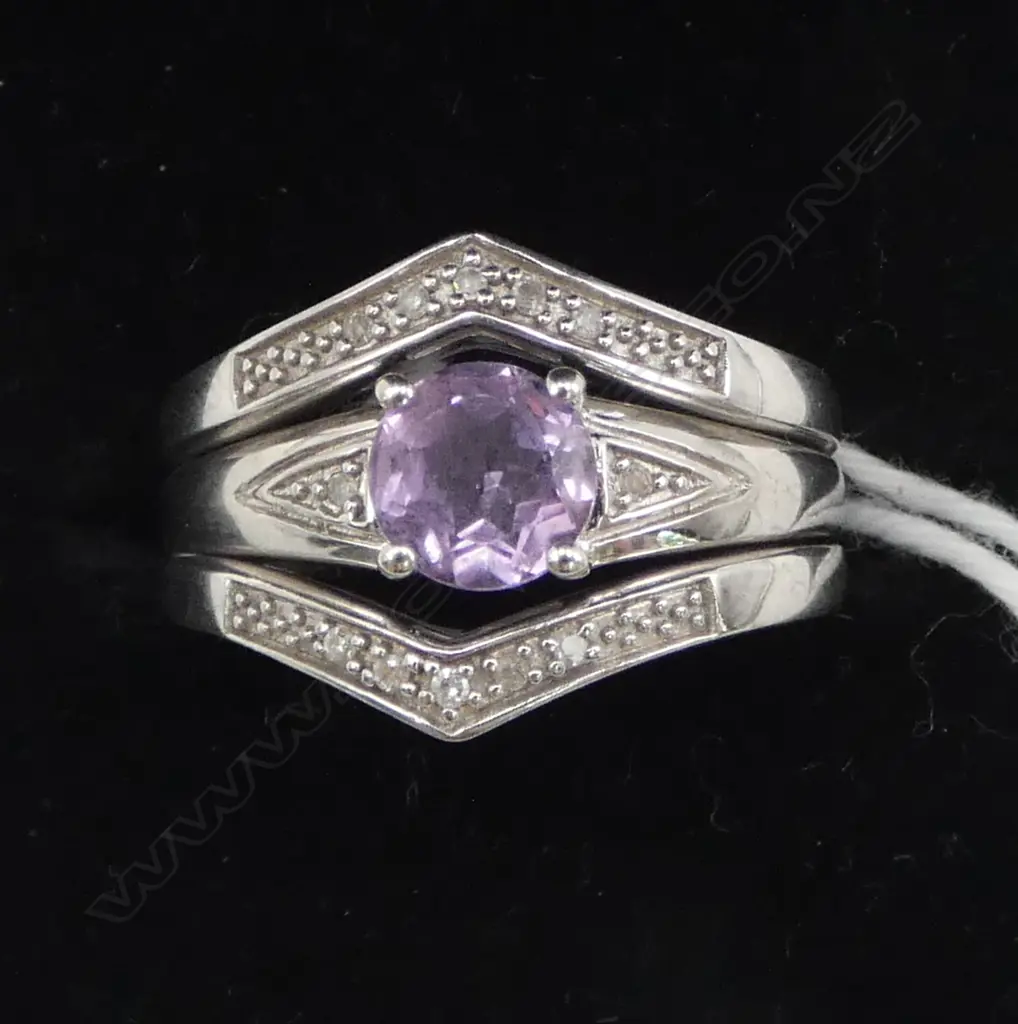 SET OF 3 SILVER RINGS set with DIAMONDS & AMETHYST. Size P Image 1++