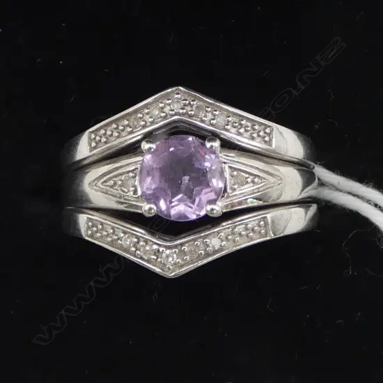 SET OF 3 SILVER RINGS set with DIAMONDS & AMETHYST. Size P