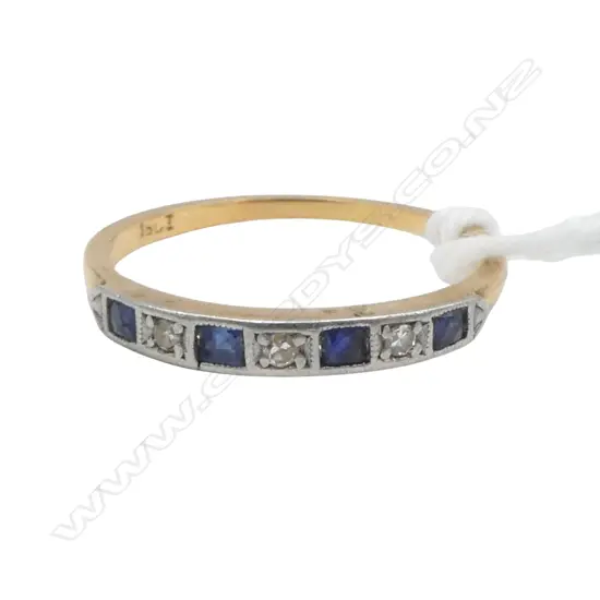 18ct GOLD & 4 square cut SAPPHIRE & 3 DIAMOND BAND 1.67gms SIZE O
