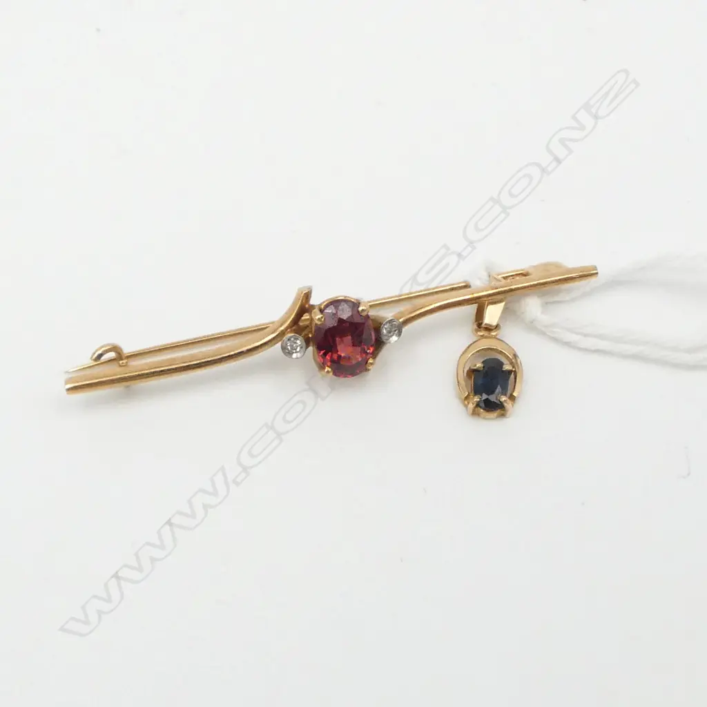 9ct GOLD DIAMOND & GARNET BROOCH + 9ct SAPPHIRE PENDANT 2.6gms  Image 1++