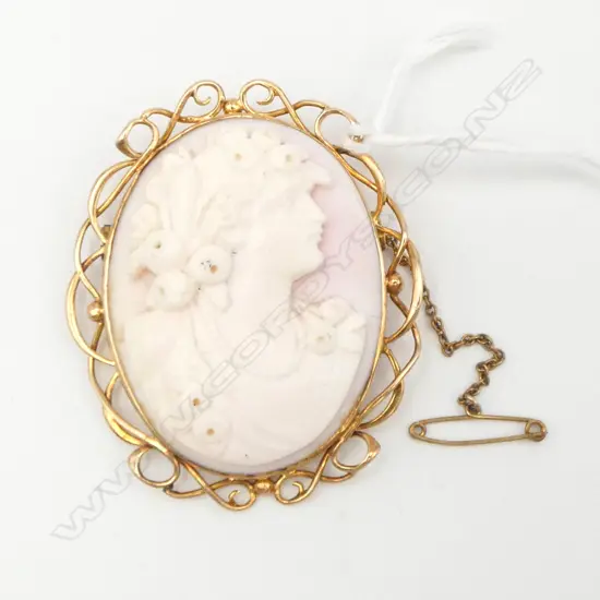 15ct GOLD FRAMED ELEGANT CAMEO carved shell BROOCH 