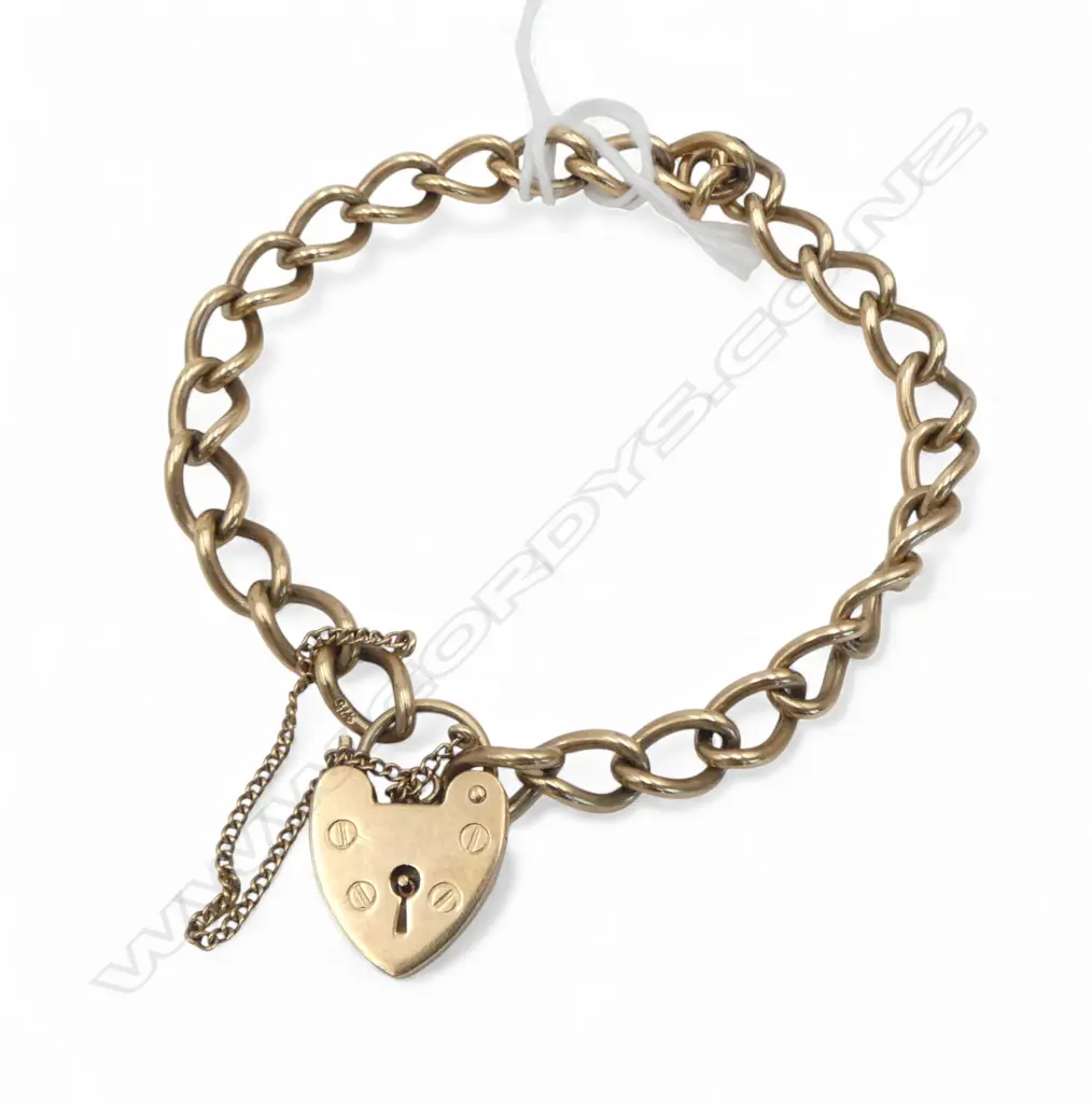 9ct GOLD CURB LINK BRACELET w. HEART PADLOCK CLASP 16.52gms Image 1++