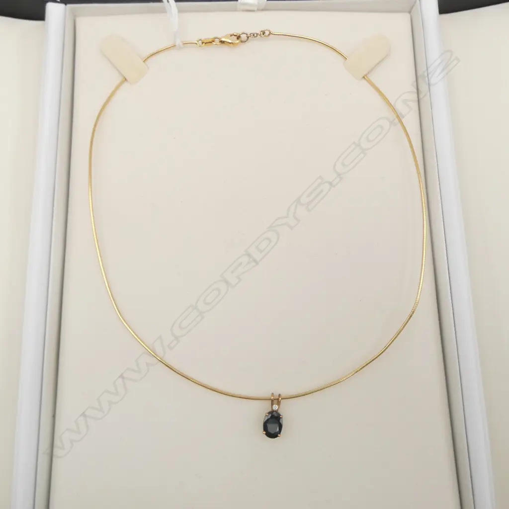 BOXED 14ct GOLD CHOKER NECKLACE with SAPPHIRE & DIAMOND PENDANT DROP in rose gold mount 5.4gms Image 1++