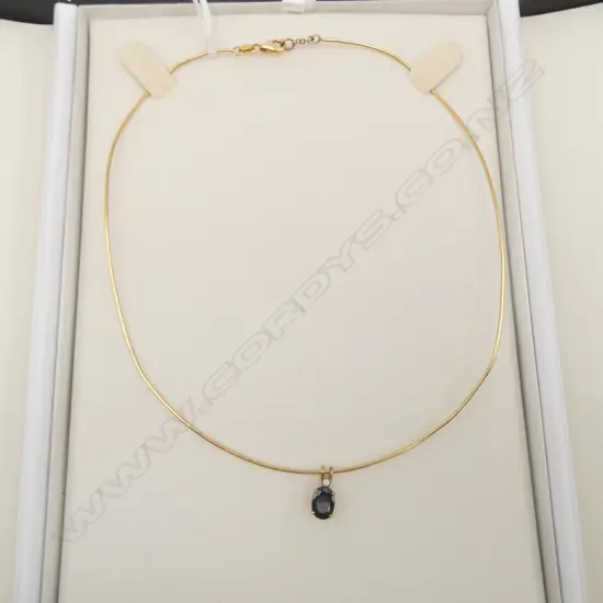 BOXED 14ct GOLD CHOKER NECKLACE with SAPPHIRE & DIAMOND PENDANT DROP in rose gold mount 5.4gms
