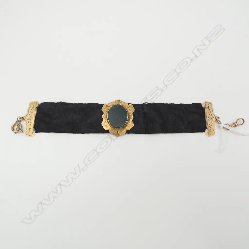 9ct GOLD & BLACK SILK WIDE RIBBON FOB WATCH CHAIN set w bloodstone 10.2gms total Image 1++