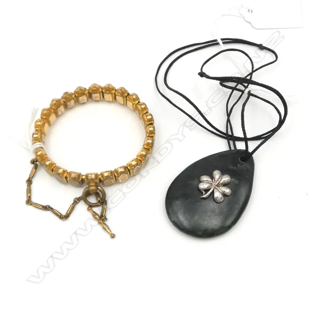 POUNAMU PENDANT w APPLIED SILVER CLOVERLEAF & VINTAGE GOLD PLATE EXPANDING BRACELET Image 1++