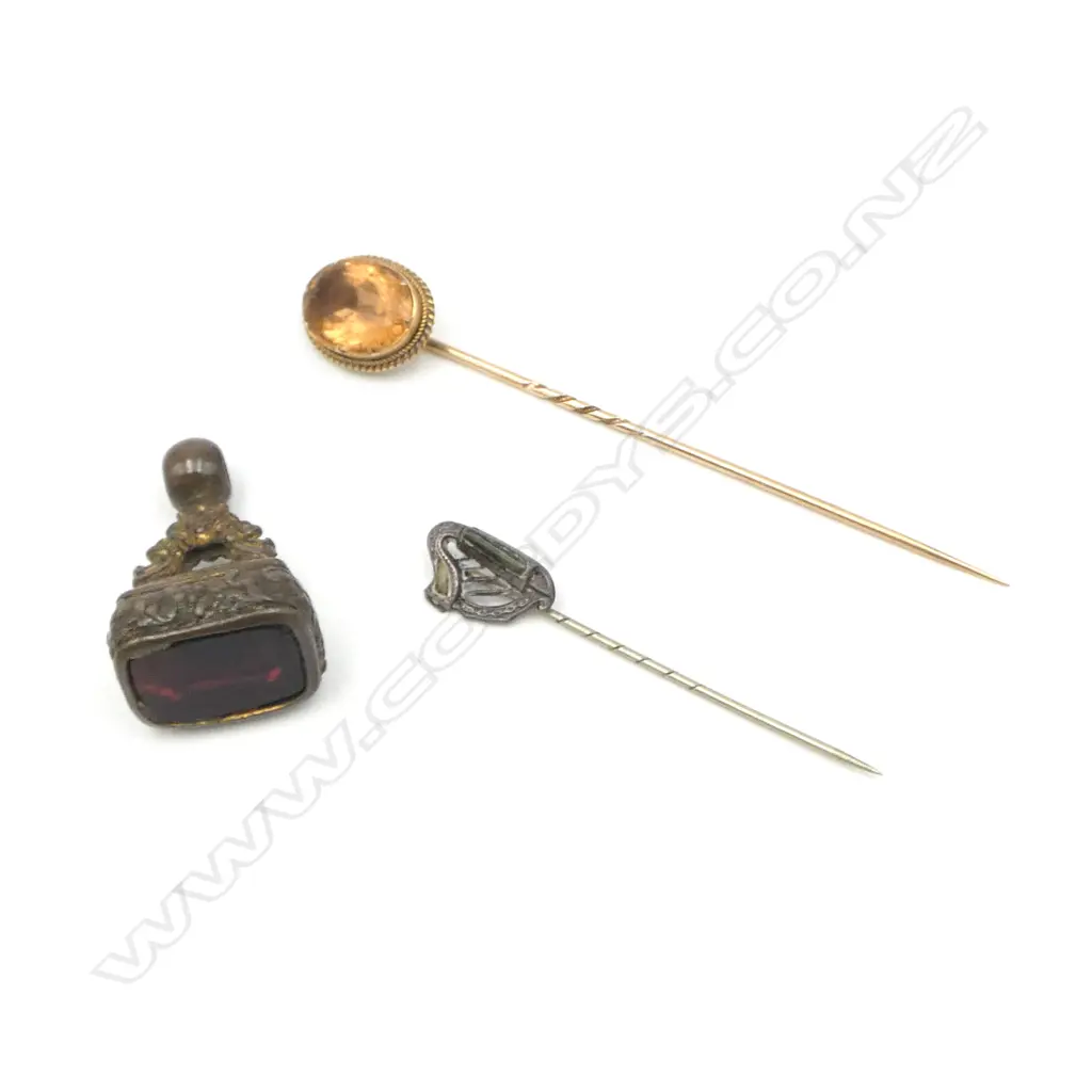 CASED ANTIQUE HARP & CITRINE STICK PINS + FOB SEAL Image 1++