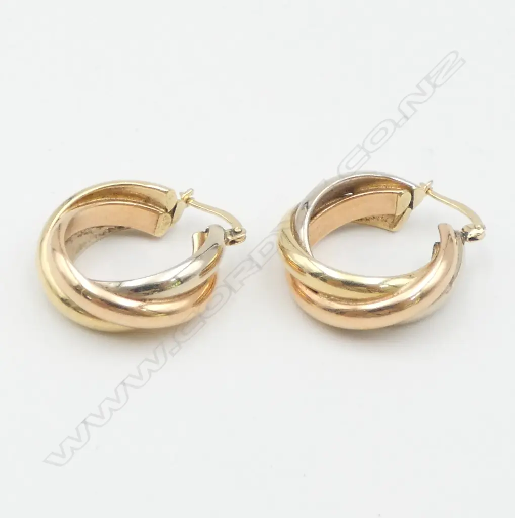 PR 14ct GOLD TRI-COLOUR overlapping HOOP EARRINGS.7.34gms Image 1++