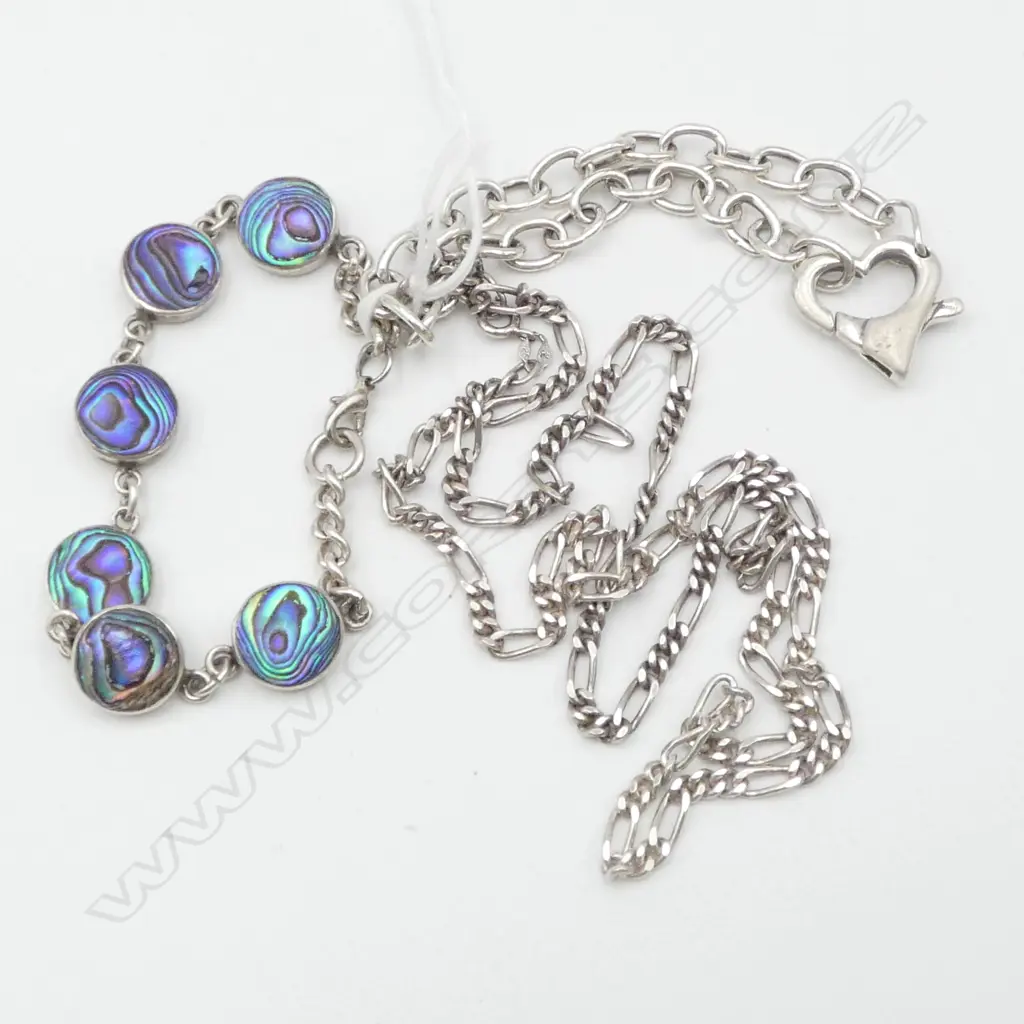 3 PCES 925 SILVER JEWELLERY; NECKLACE + 2 BRACELETS  ONE WITH PAUA38gms Image 1++