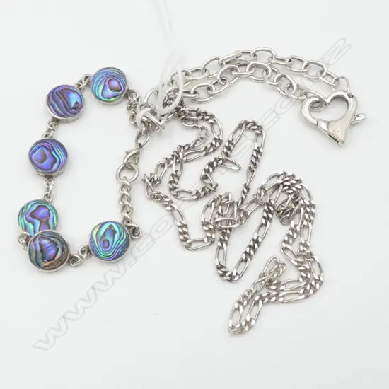 3 PCES 925 SILVER JEWELLERY; NECKLACE + 2 BRACELETS  ONE WITH PAUA38gms