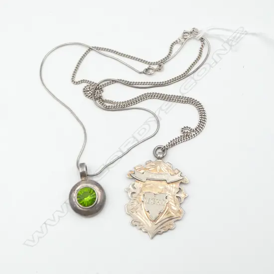 LGE SILVER FOB MEDALLION dble sided ON CHAIN + SILVER & GREEN STONE PENDANT ON CHAIN