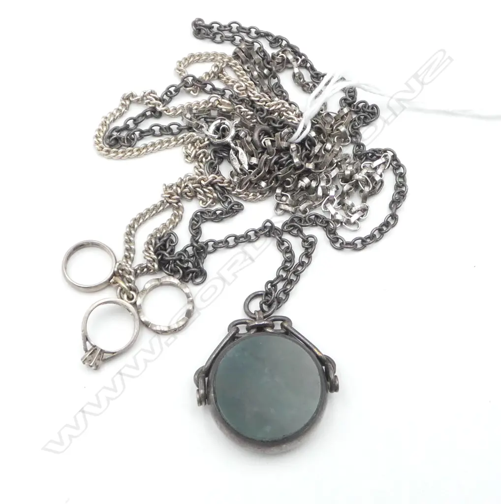 3 SILVER NECKLACES: 1 w bloodstone & carnelian spinner in silver frame.45gms Image 1++