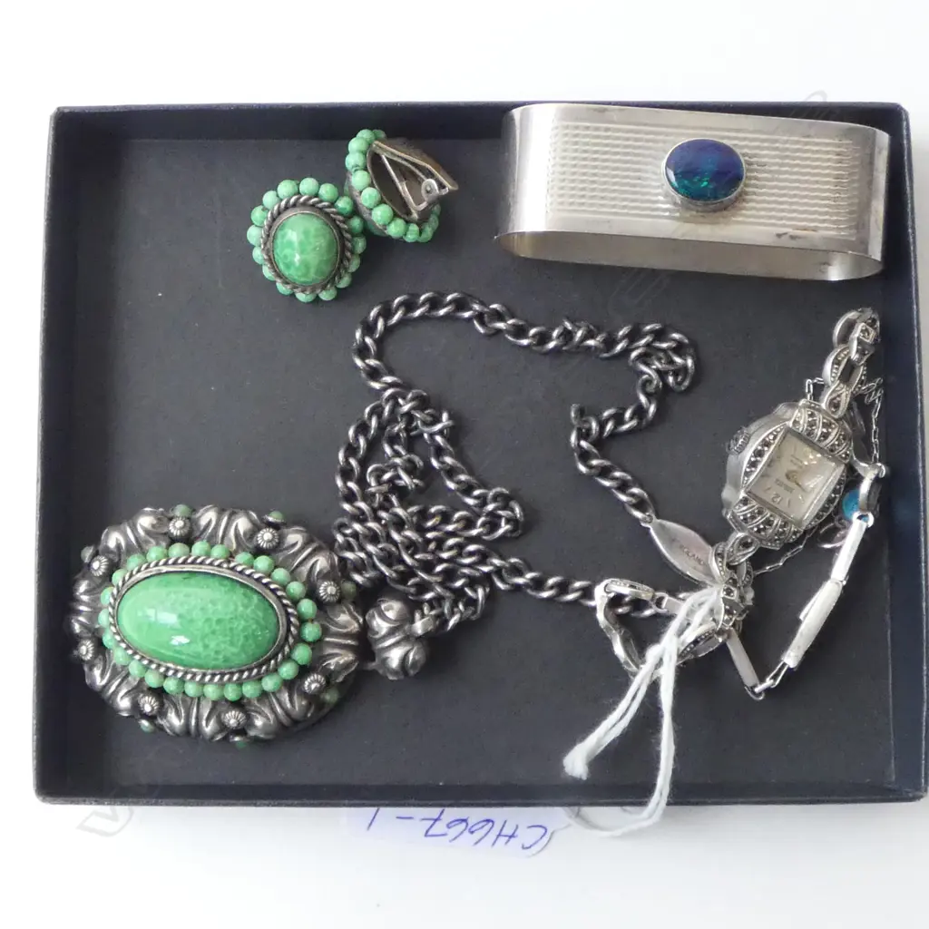 OPAL SET SILVER NAPKIN RING, LADIES VINTAGE PROVITA SILVER & MARCASITE WRISTWATCH & PEKING GLASS NECKLACE/EARRING SET Image 1++
