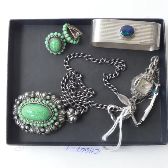 OPAL SET SILVER NAPKIN RING, LADIES VINTAGE PROVITA SILVER & MARCASITE WRISTWATCH & PEKING GLASS NECKLACE/EARRING SET