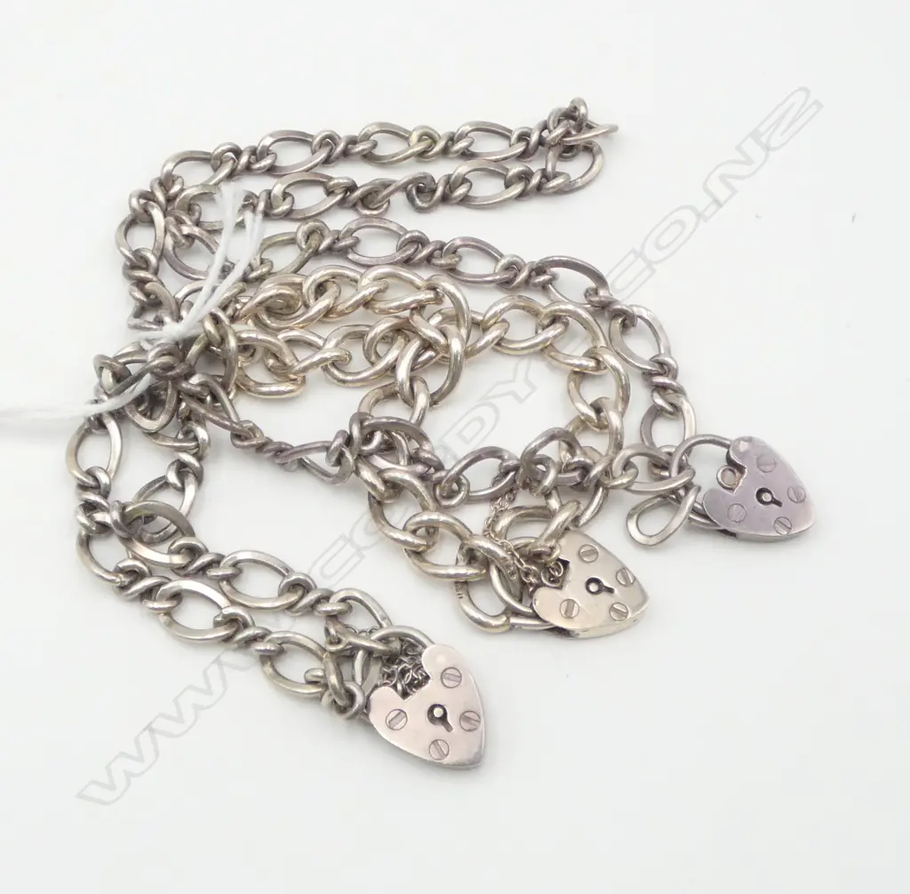 2 SILVER BRACELETS + 1 SILVER NECKLACE all w heart padlock clasps 64gms Image 1++
