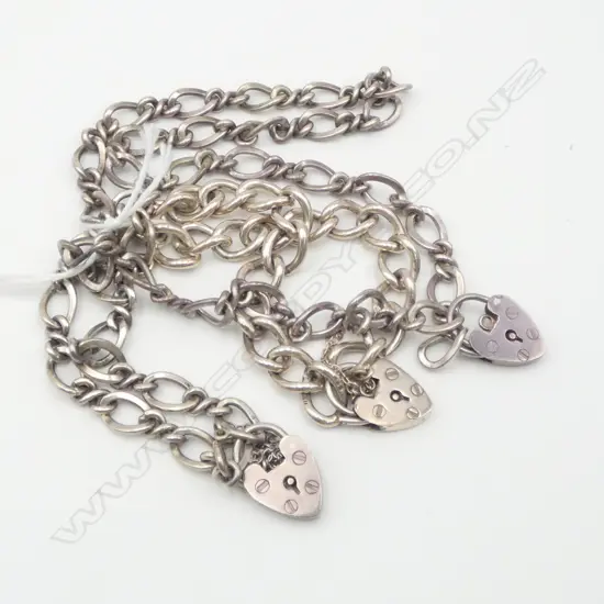 2 SILVER BRACELETS + 1 SILVER NECKLACE all w heart padlock clasps 64gms