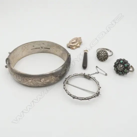 FRED MONEY SILVER HINGED BANGLE & OTHER MAINLY SILVER JEWELLERY some faulted + gold mounted pendant