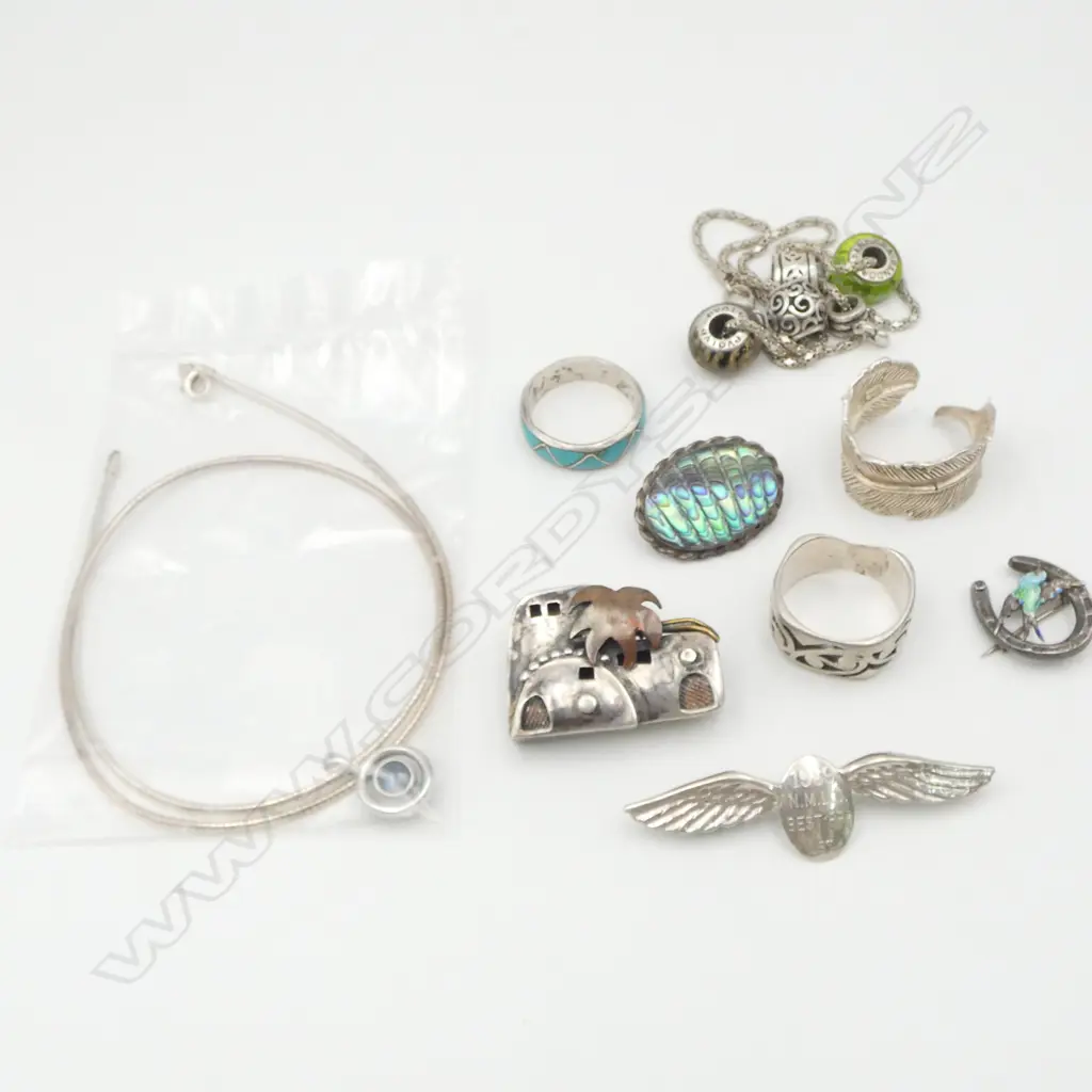 BAG STG SILVER feather & other RINGS + NECKLACES + WINGS BROOCH + PANDORA NECKLACE ETC Image 1++