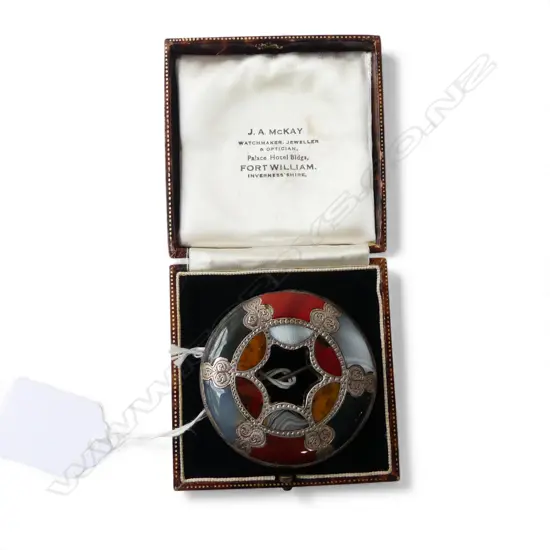 ANTIQUE SILVER & AGATE BROOCH/PENDANT Dia.55mm