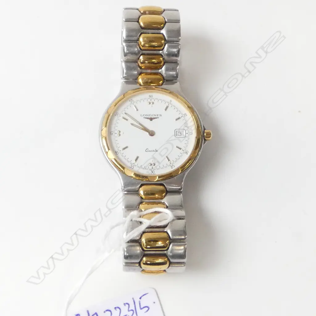 LONGINES GENT'S 'CONQUEST' QUARTZ WRIST WATCH white dial stainless & gold plate case & strap Image 1++