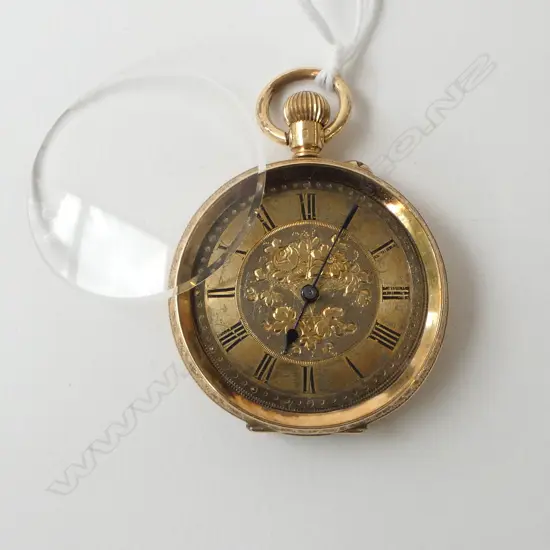 EARLY 20thC LADIES 18ct GOLD open face FOB WATCH internal dust cover plated. 32gms
