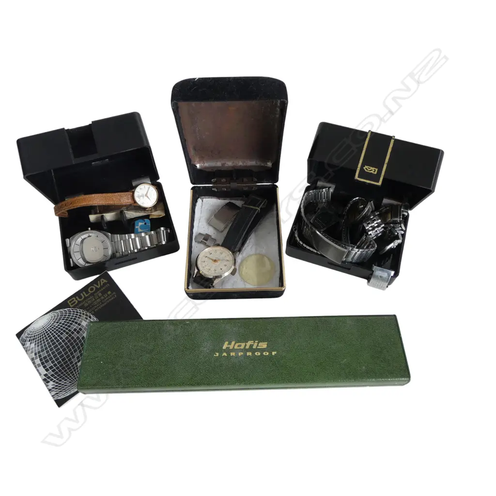 3 WATCH BOXES: BULOVA ETC + WATCH CASE & STRAP PARTS + booklet + HERODIA lady's watch  Image 1++