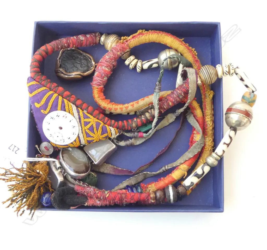 3 TURKISH NECKLACES; EMBROIDERY, IKAT, SILVER & AGATE PENDANT ETC Image 1++