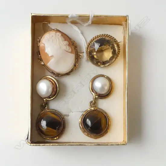 CITRINE TYPE BROOCH + tiger's eye & pearl DROP EARRINGS + CAMEO & GILT BROOCH 
