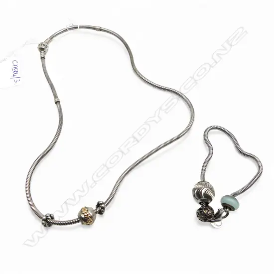 PANDORA NECKLACE L.495mm, BOXED + ANOTHER SIMILAR SMALL ITALIAN 925 SILVER CHARM BRACELET L.190mm
