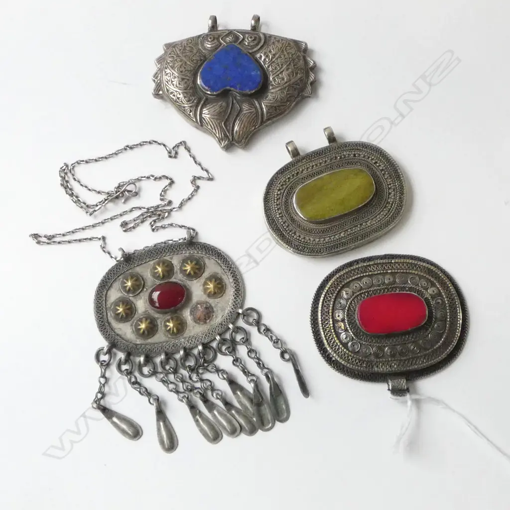 4 VINTAGE AFGHANI / TURKOMAN PENDANTS; SILVER METAL SEMI PRECIOUS STONES 60x70mm Image 1++