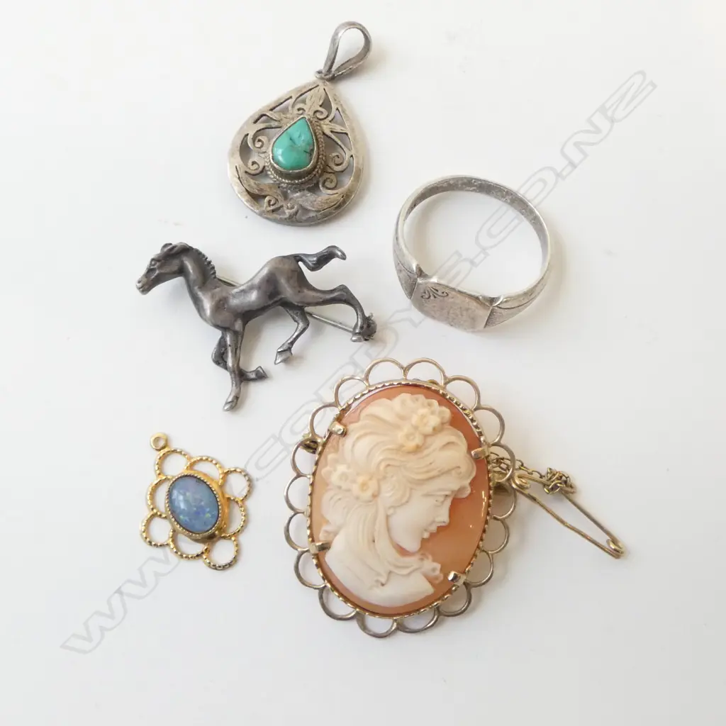 BAG JEWELLERY: SILVER FOAL BROOCH + RING + PENDANT & CAMEO + PENDANT Image 1++