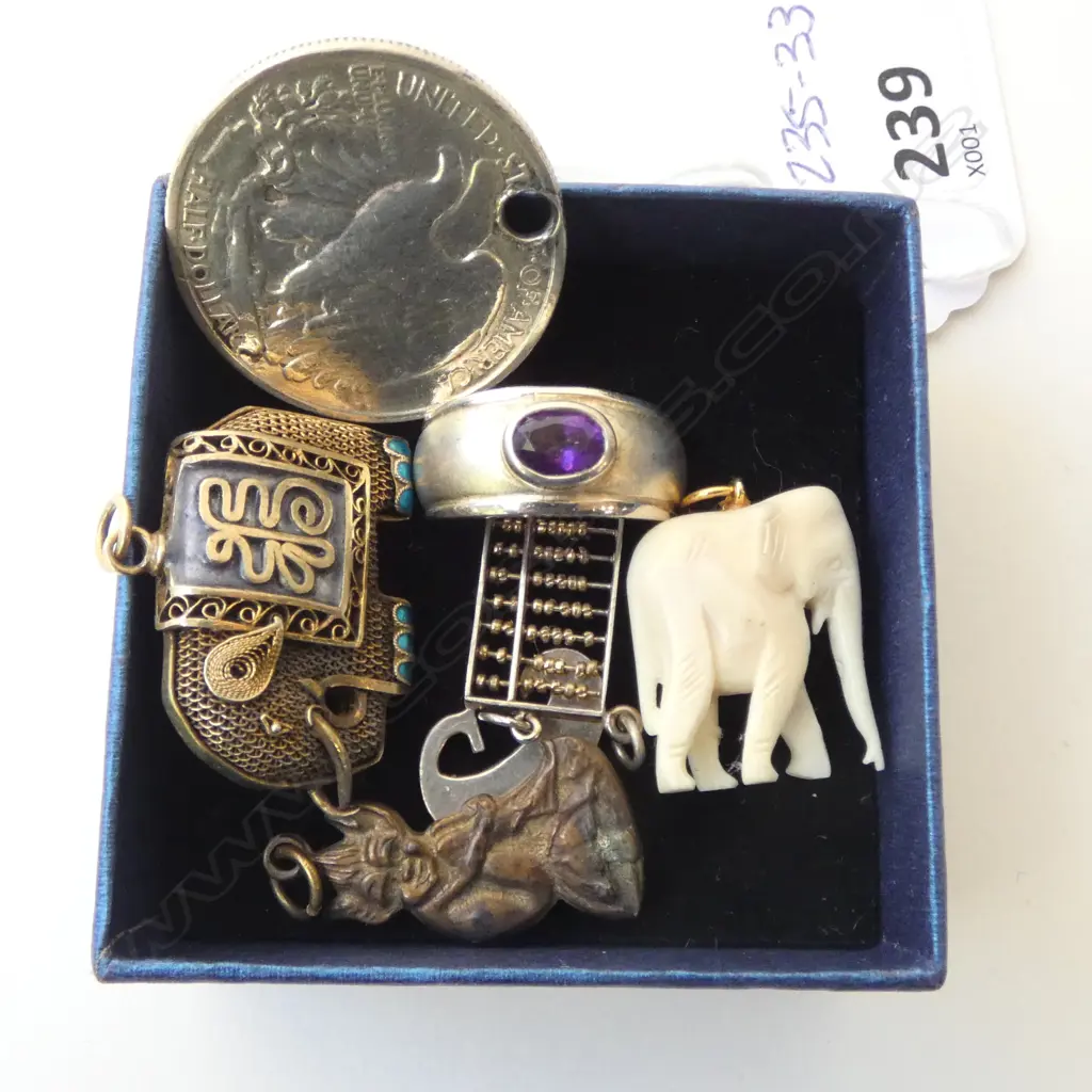 5 ASST. PENDANTS Incl. IVORY ELEPHANT, AMERICAN COIN + AMETHYST RING SIZE Q Image 1++