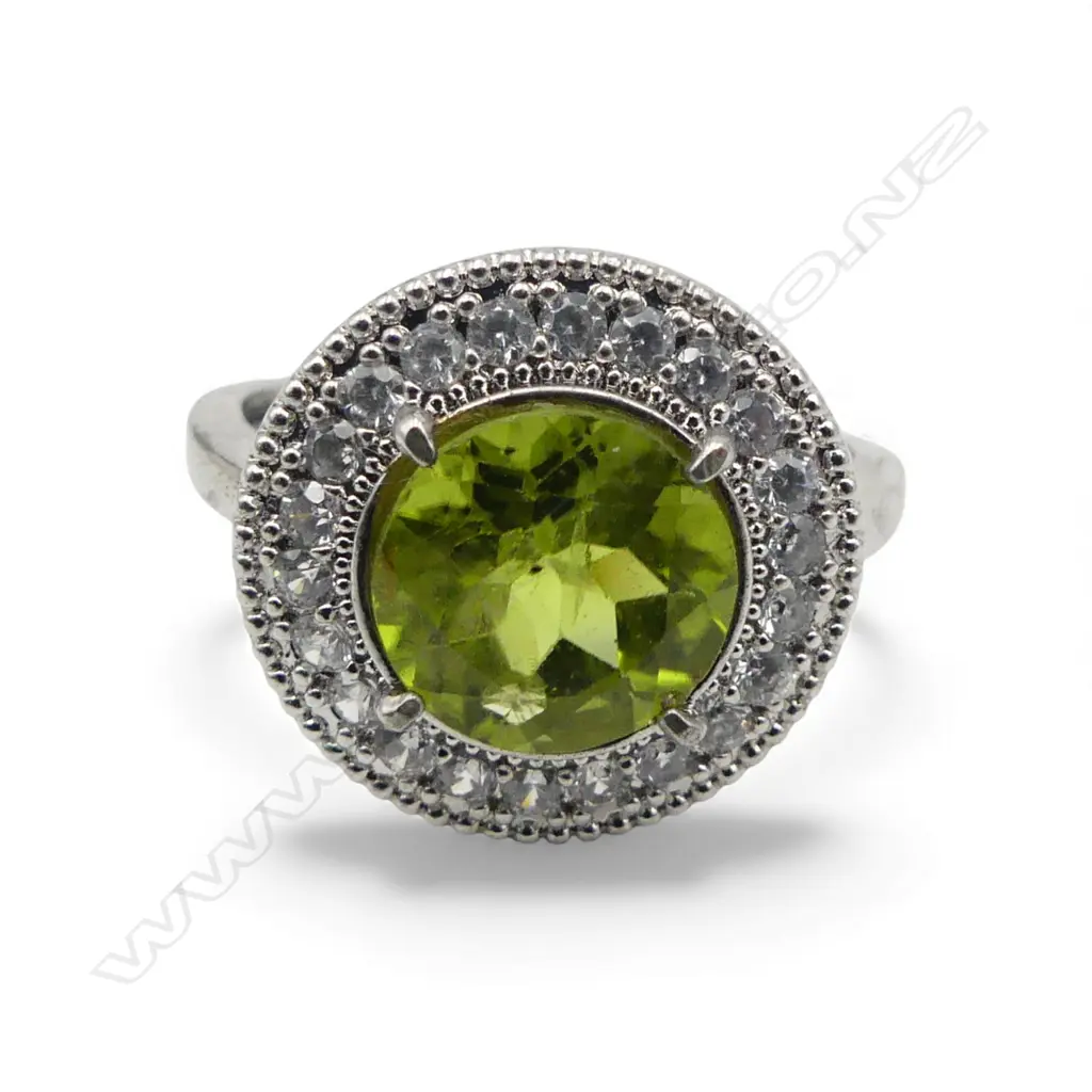 SILVER PERIDOT & CZ DRESS RING, AIG REPORT, adjustable size Image 1++