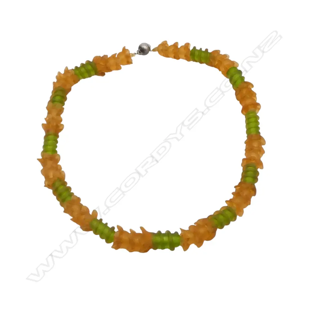 GREEN & ORANGE OPAQUE GLASS BEAD NECKLACE, L 500mm Image 1++