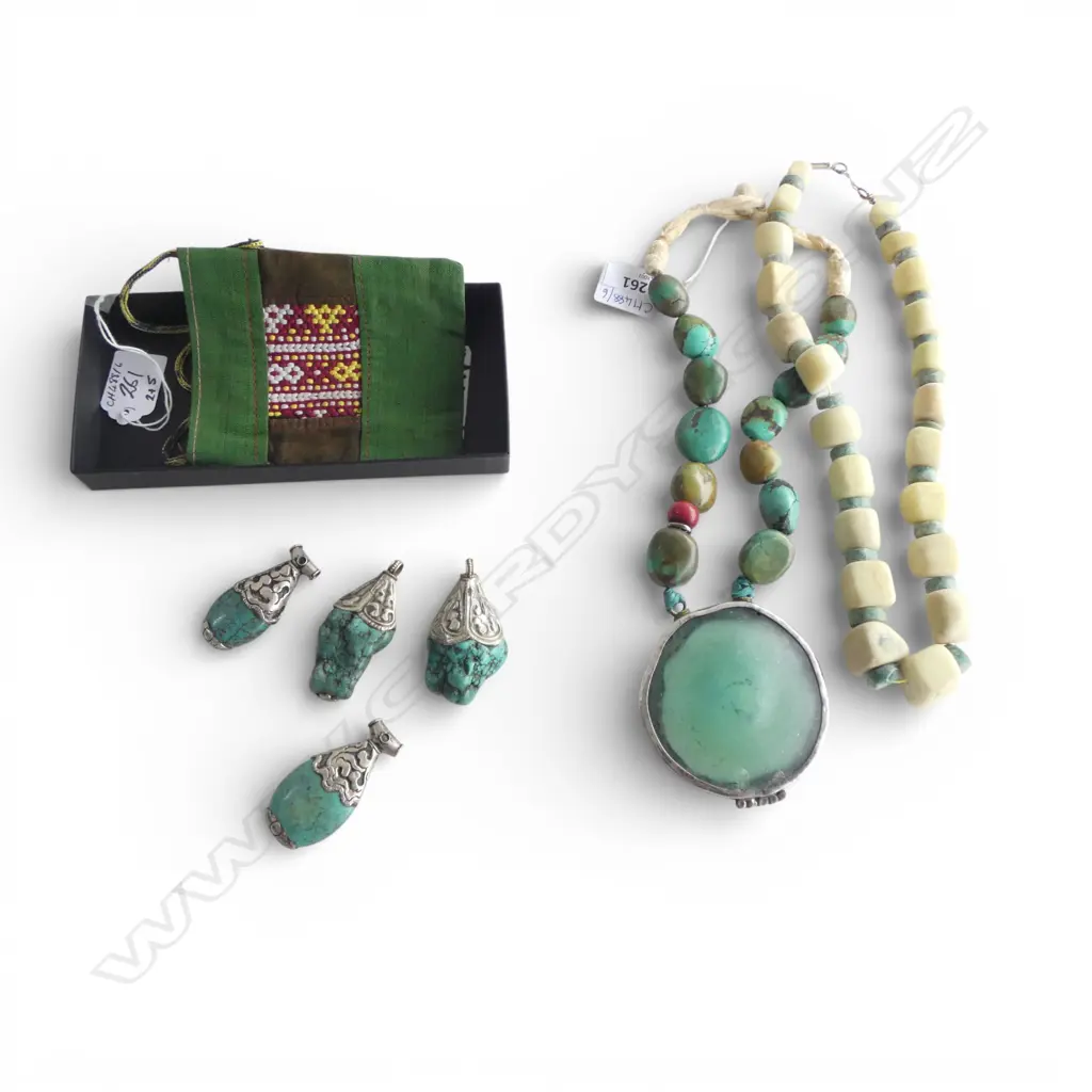 2 TURKISH NECKLACES (1 w. TURQUOISE BEADS & SEA GLASS PENDANT 80mm dia), 4 TIBETAN SILVER? & TURQUOISE PENDANTS H.60mm Image 1++
