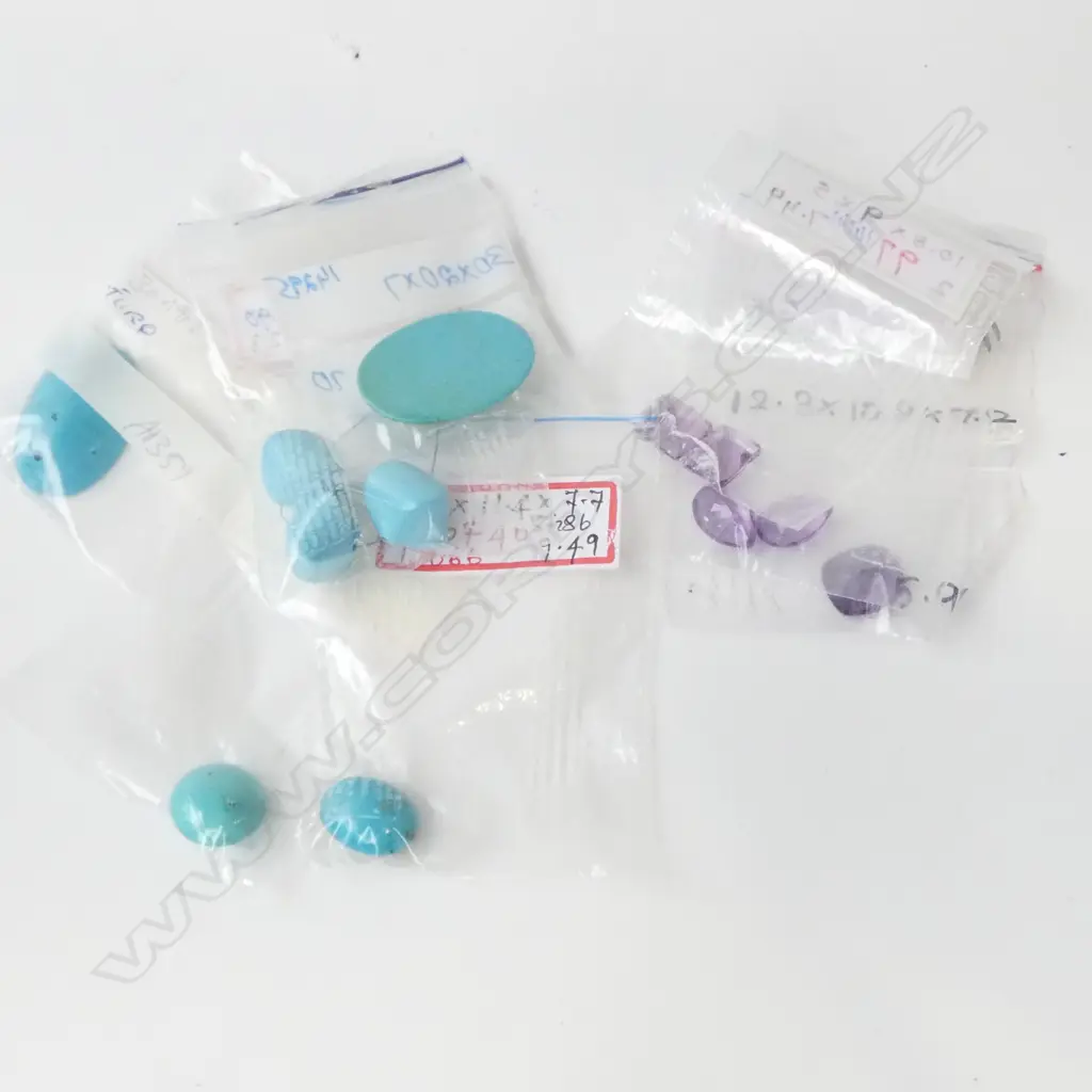 ASST. FACET CUT UNSET AMETHYSTS & ASST. TURQUOISE BEADS & CABOCHONS Image 1++