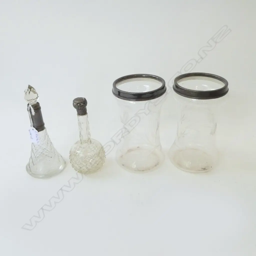 4 CRYSTAL CONTAINERS w. STG SILVER TRIM H.180mm FAULTS to bottle tops Image 1++