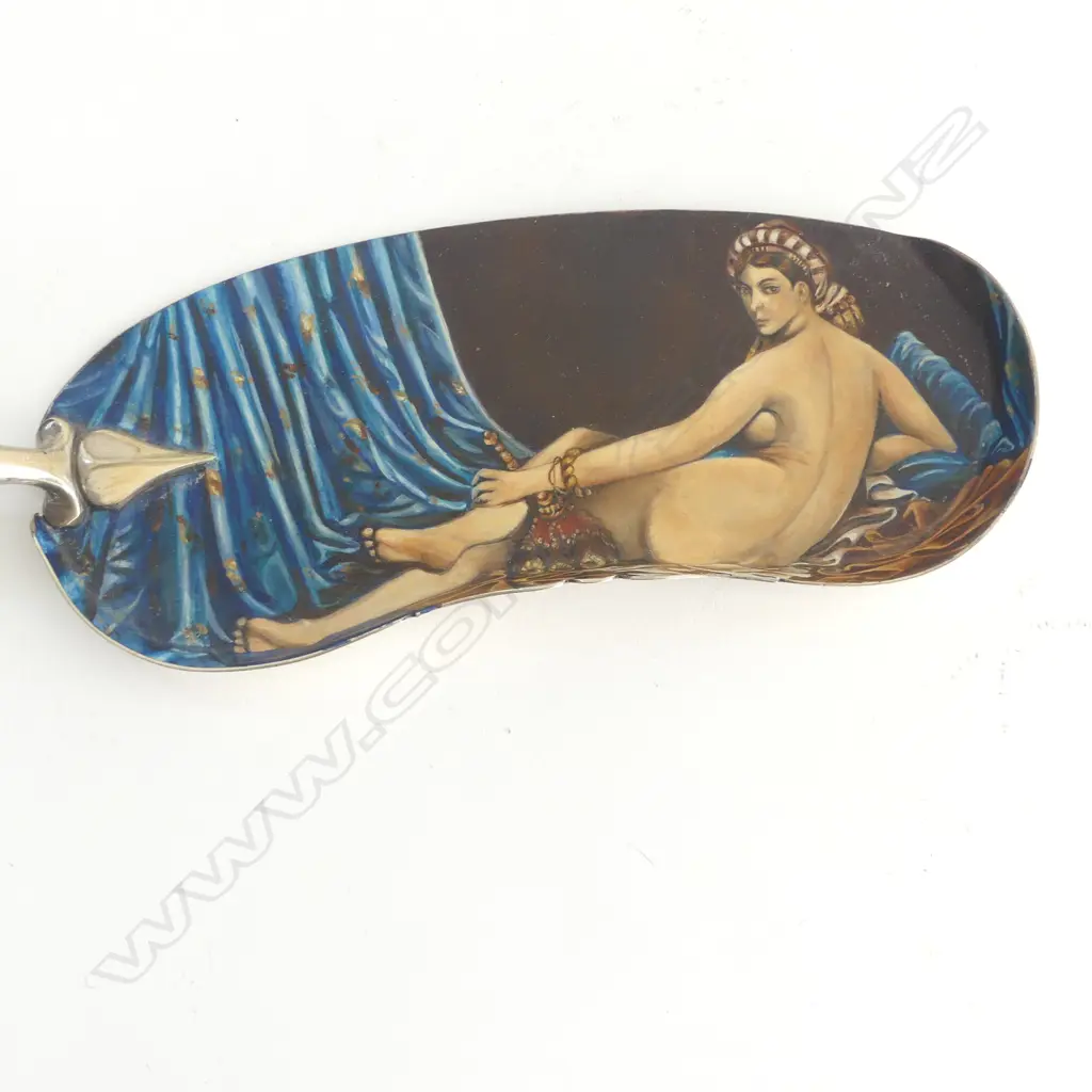 CAROLYN MCCONDACH PAINTED SILVER plate SPOON & ANTIQUE CRUMB CATCHER WITH HAND PAINTING AFTER INGRES  Image 1++