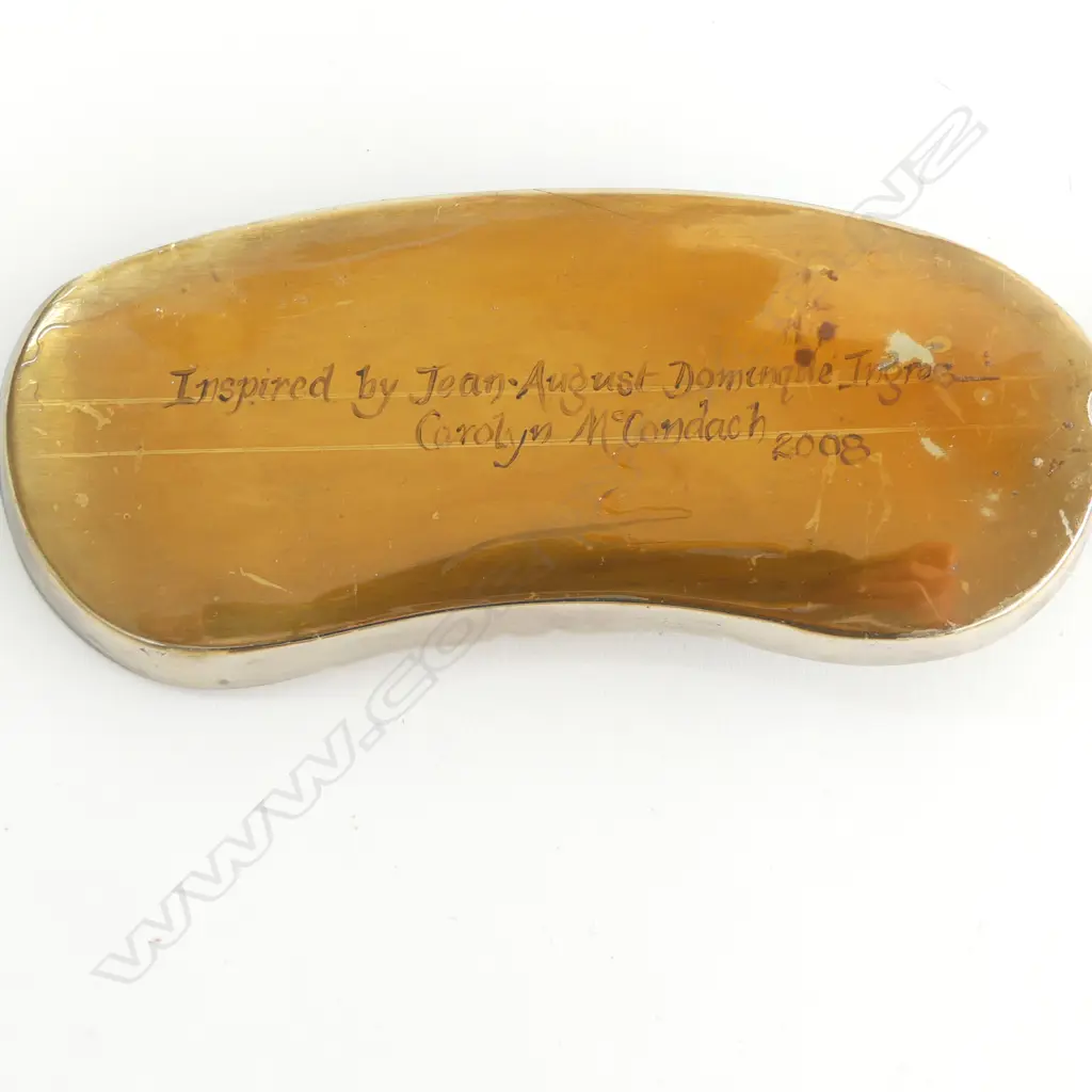 CAROLYN MCCONDACH PAINTED SILVER plate SPOON & ANTIQUE CRUMB CATCHER WITH HAND PAINTING AFTER INGRES  Image 1++